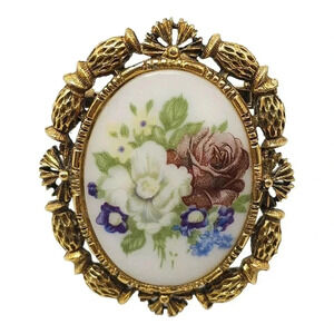 Oval Shape Painted Porcelain Floral Brooch Pin Brass Tone Vintage